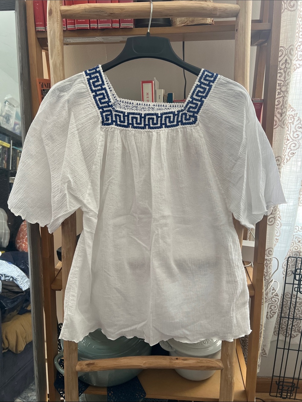 Women’s White Square-Neck Blouse with Blue Embroidered Trim